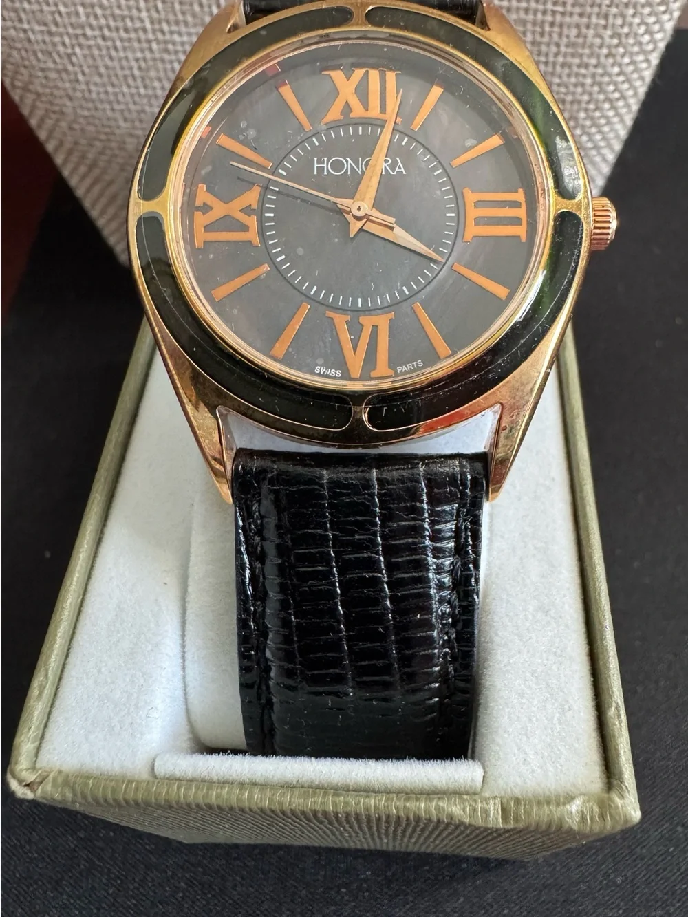Honora Black Dial Bronze Gold Case Men/Women Dress Watch w/ Green Pearl Bezel